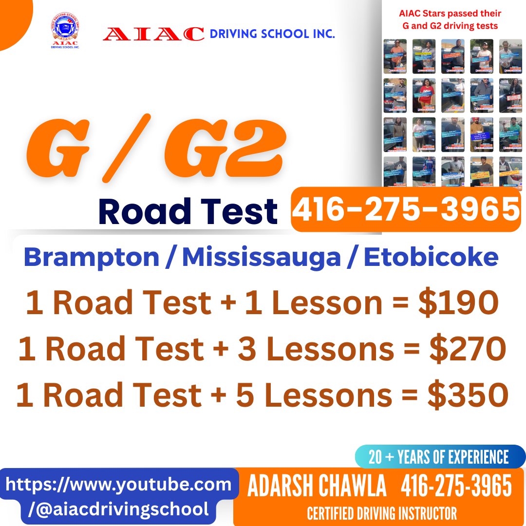 G and G2 Driving Lesson prices, Brampton