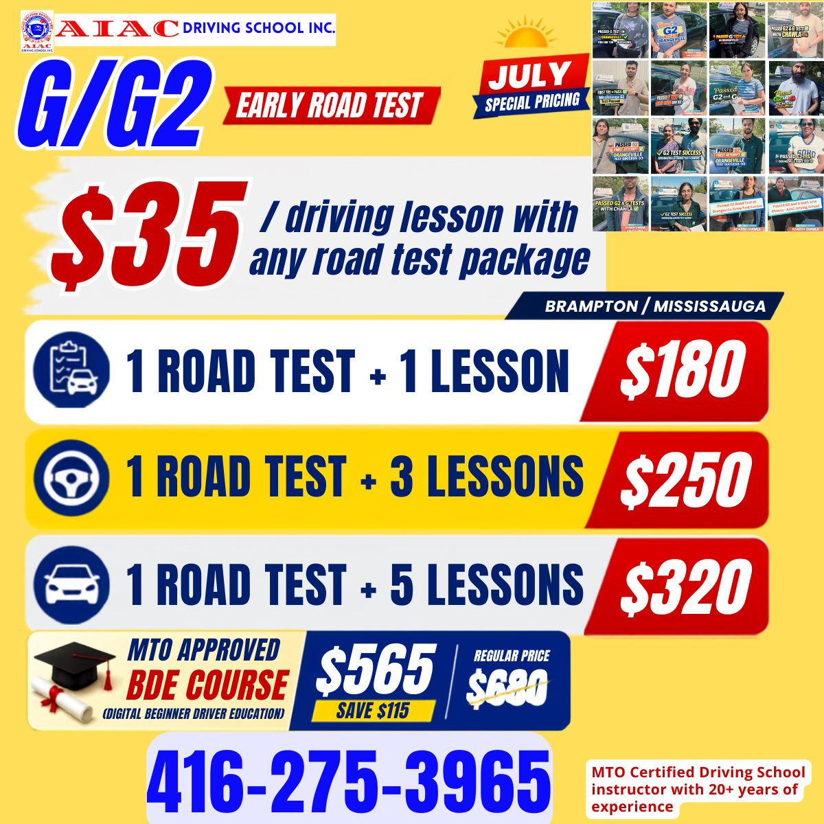 G and G2 driving test pricing and affordable driving lessons in Brampton AIAC Driving School